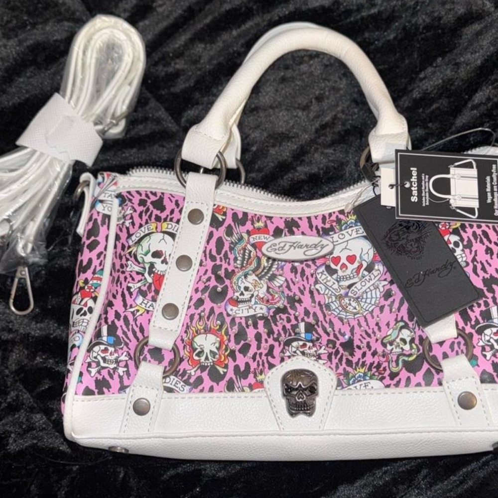 Ed Hardy Skull Design Pink and White Satchel